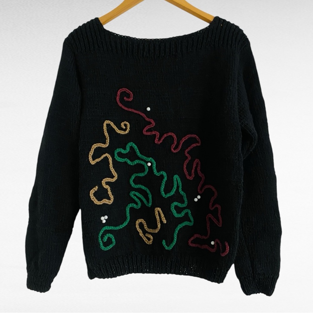 HANDMADE | Black Embellished Beaded Square Neck Hand Knit Acrylic Sweater